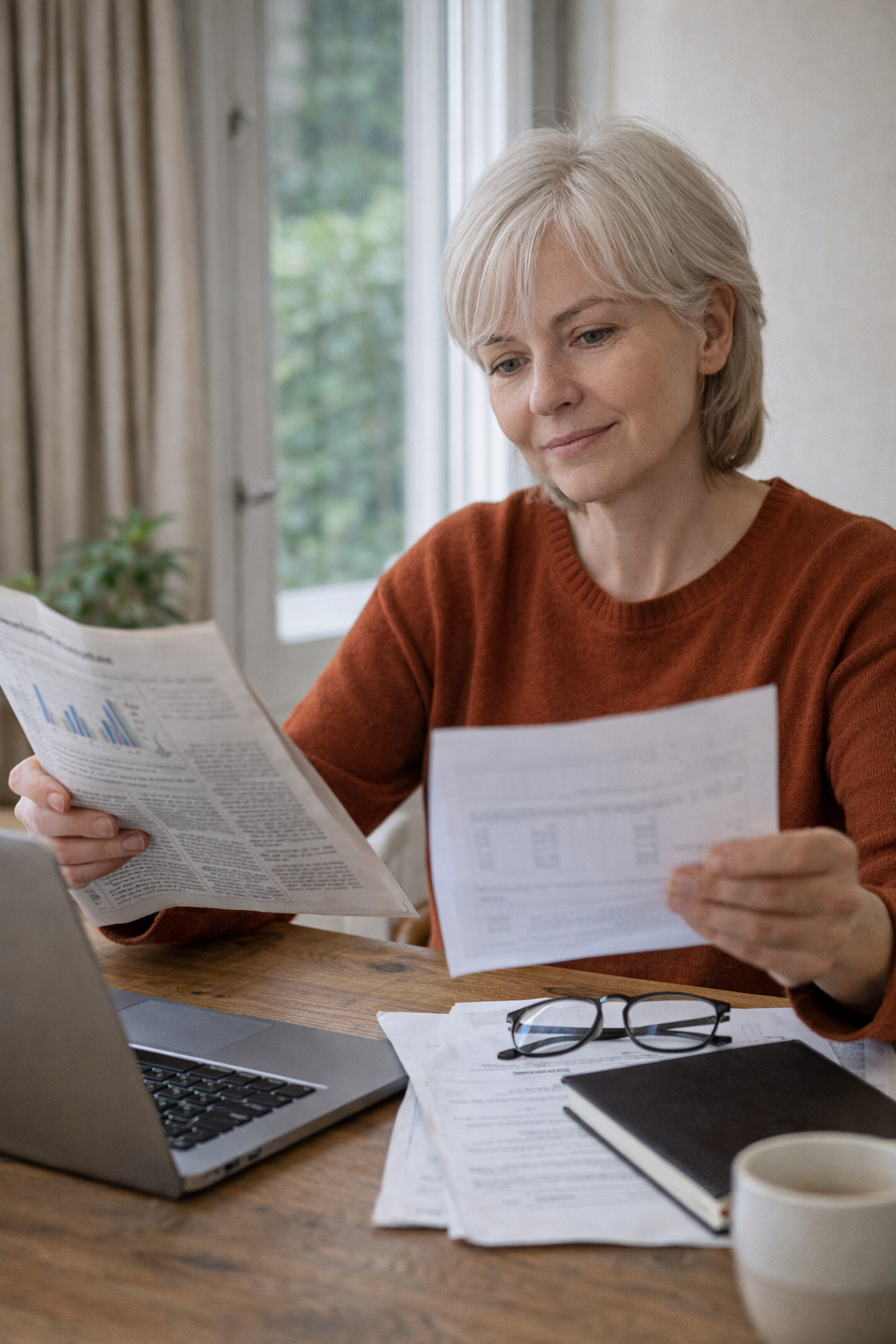 Frau liest Finanzunterlagen