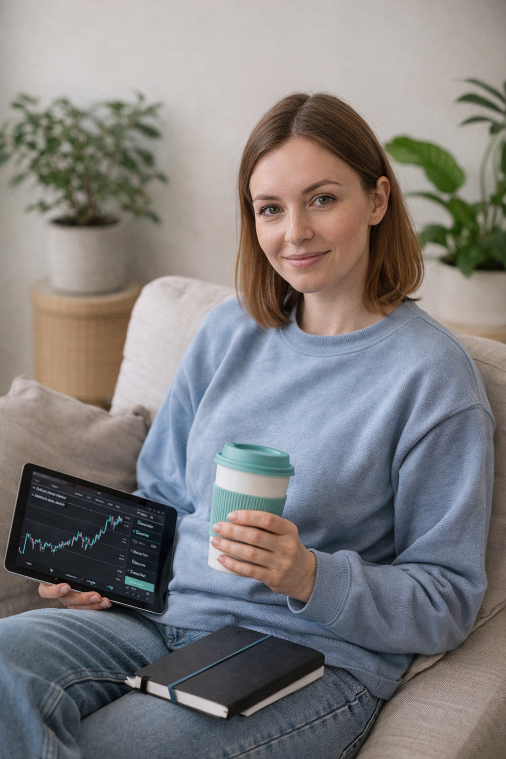 Frau mit Tablet und Kaffee
